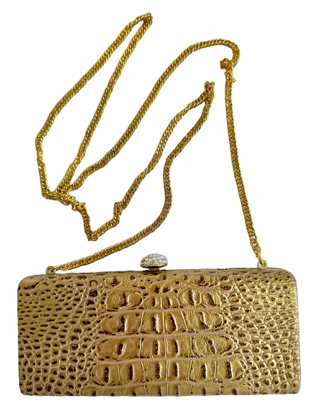 Gold Croc-Embossed Evening Clutch Gold Chain Crossbody Purse HardShell Rectangle